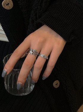 马上有钱戒指女ins小众设计镂空铜钱食指戒复古做旧女生开口指环