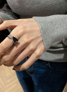 复古黑色爱心戒指女轻奢小众精致设计感时尚个性ins网红开口食指