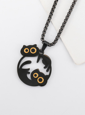 卡通可爱黑色小懒猫钛钢项链情侣百搭不掉色挂件嘻哈吊坠毛衣链