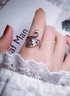 创意复古孔雀毛线钩针带线戒指女民族风凤凰钩毛线戒开口指环民族