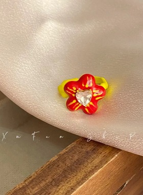 新款可爱甜美开口戒指多巴胺立体花朵爱心锆石手工太阳花时尚感女