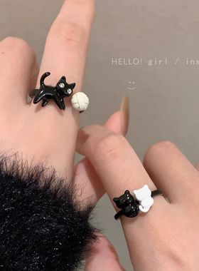 卡通搞怪黑色猫咪戒指女小众设计开口指环童趣可爱简约套装食指戒