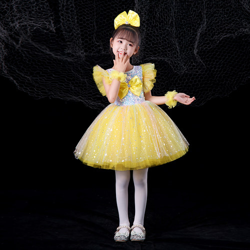 六一女童公主裙演出服快乐的小星星黄色蓬蓬纱裙幼儿园舞蹈表演服 - 图2
