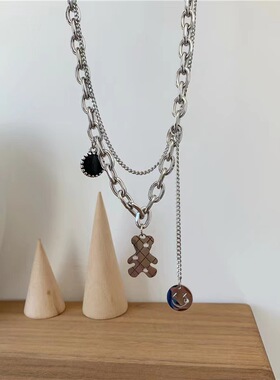 小熊双层ins冷淡风钛钢项链女ins嘻哈不掉色锁骨链2021年新款配饰