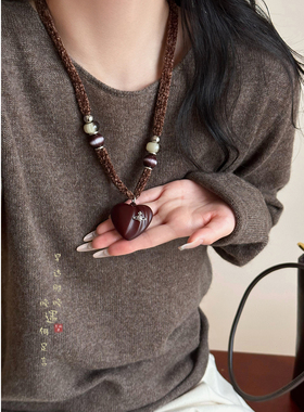 毛线爱心项链咖色毛衣链配饰
