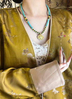 天然石新款五福绿松石项链