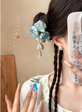 超仙蓝色花朵发夹假风边夹侧边夹