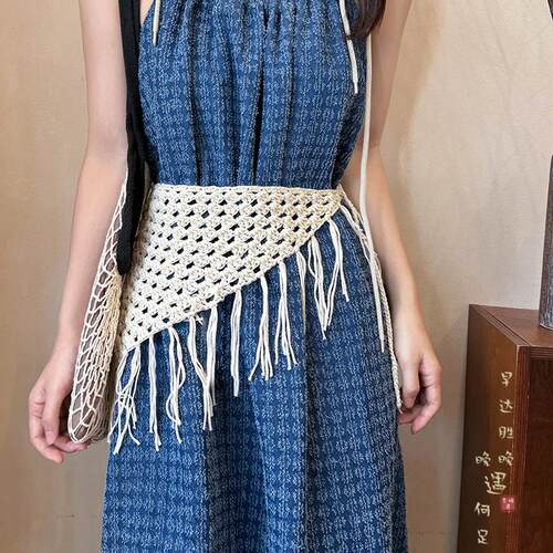 波西米亚白色编织三角巾腰带女款高级感腰巾屁帘头巾腰封腰间配饰 - 图2
