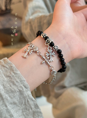 黑色十字架串珠手链复古轻奢
