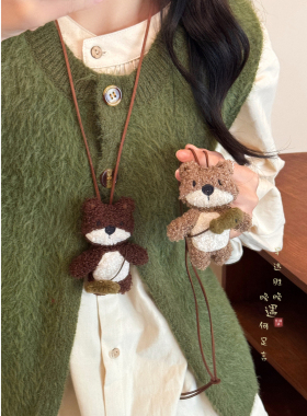 可爱毛绒小熊吊坠项链挂绳配饰
