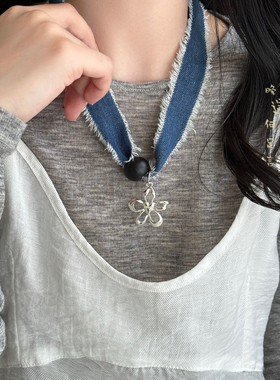 蓝色丝巾花朵项链小众复古