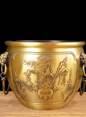 全黄铜加厚浮雕狮头缸三阳开泰麒麟纳福玄关吉祥铜缸摆件