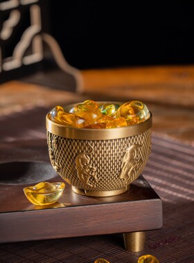 黄铜复古做旧小百福杯五虎纳福小酒盏小米缸桌面摆件