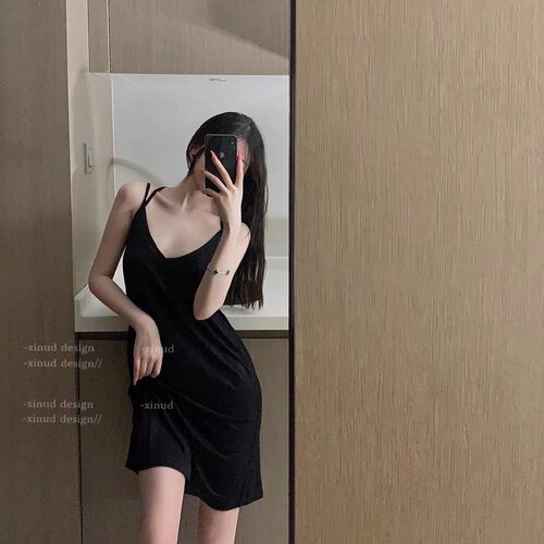 睡衣女士夏季性感纯欲风睡裙女美背吊带宽松韩版情调中长裙家居服 - 图1