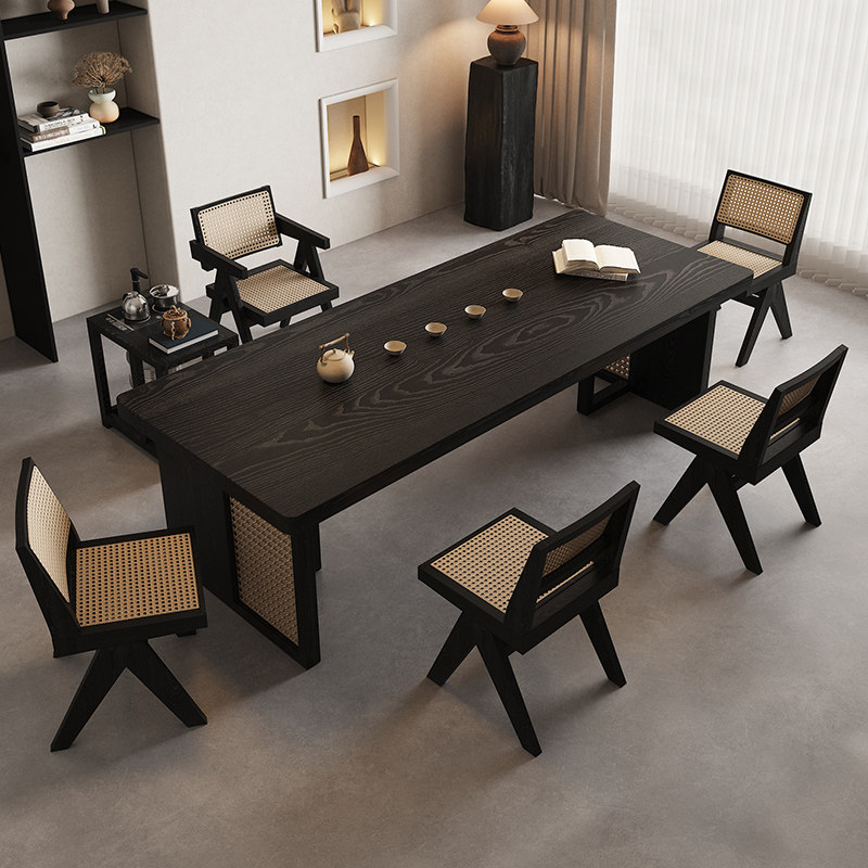 侘寂风藤编茶桌黑色实木茶几客厅家用小户型现代办公室茶台泡茶桌,淘宝优惠券,粉丝福利购,淘宝优惠卷