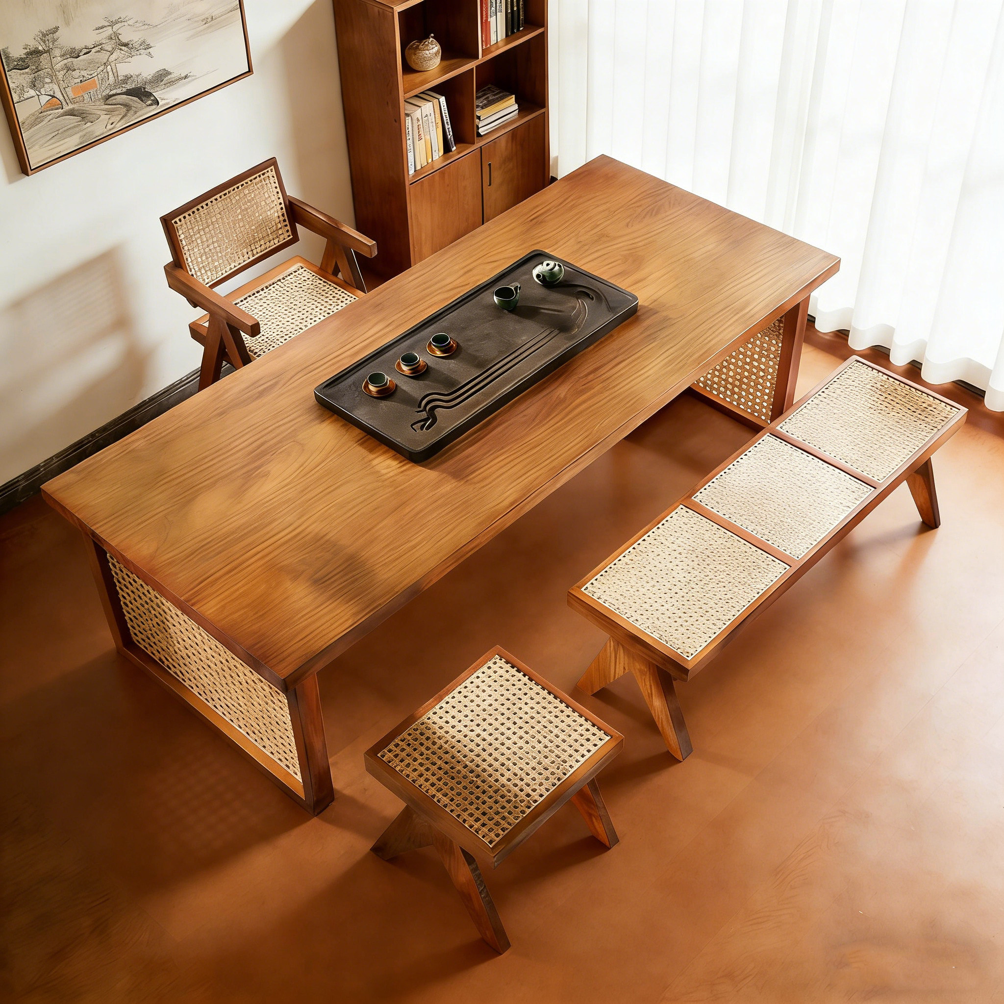 阳台休闲喝茶桌椅组合简约小型茶台实木茶几客厅家用藤编茶桌,淘宝优惠券,粉丝福利购,淘宝优惠卷