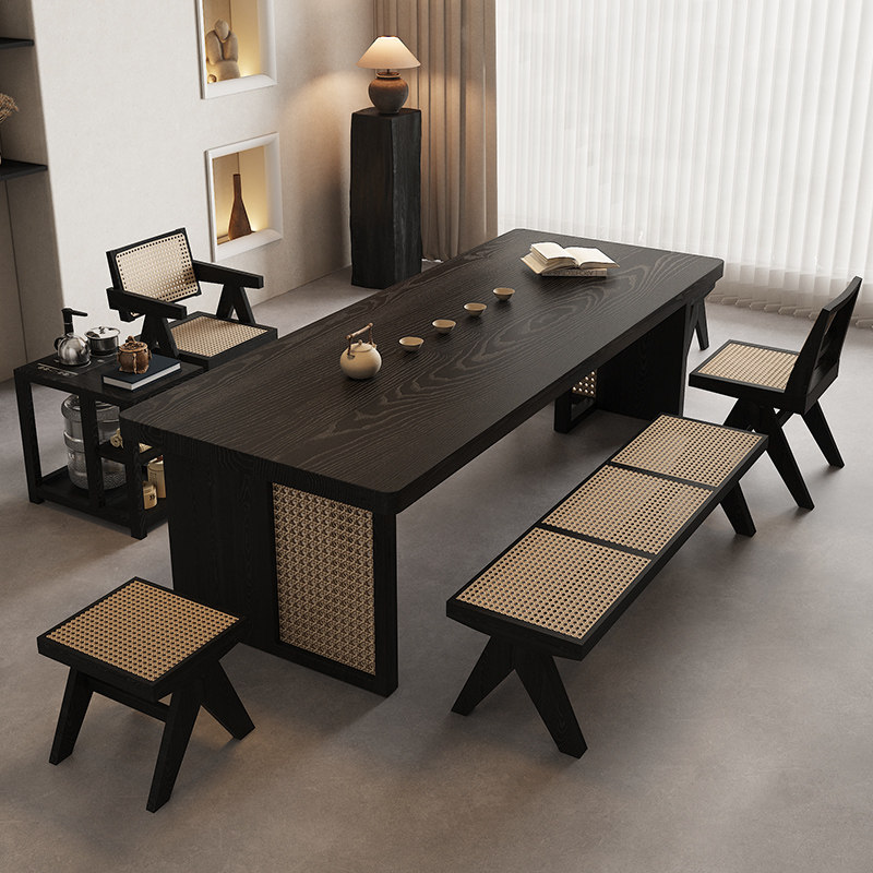 侘寂风藤编茶桌黑色实木茶几客厅家用小户型现代办公室茶台泡茶桌,淘宝优惠券,粉丝福利购,淘宝优惠卷