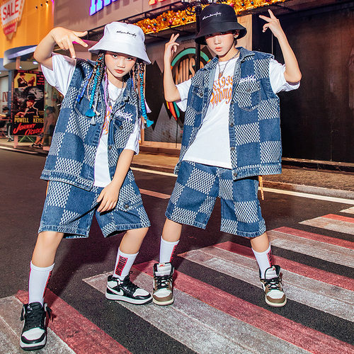 儿童街舞套装男童六一演出服牛仔女孩hiphop走秀服装嘻哈表演服潮 - 图1