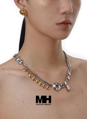 小众设计多吊坠铜钱拼接链条项链