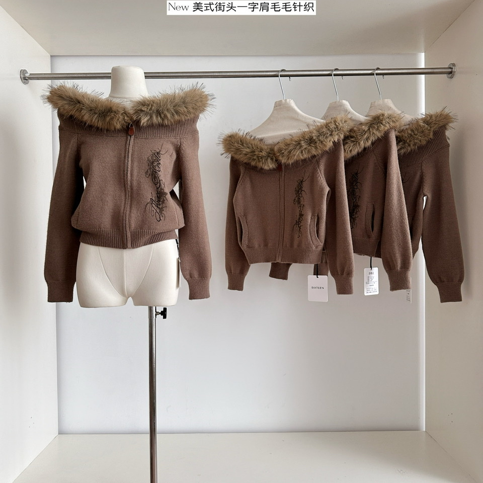 美式辣妹一字肩毛衣女复古气质上衣秋冬穿搭巨好看毛毛领针织开衫 - 图1