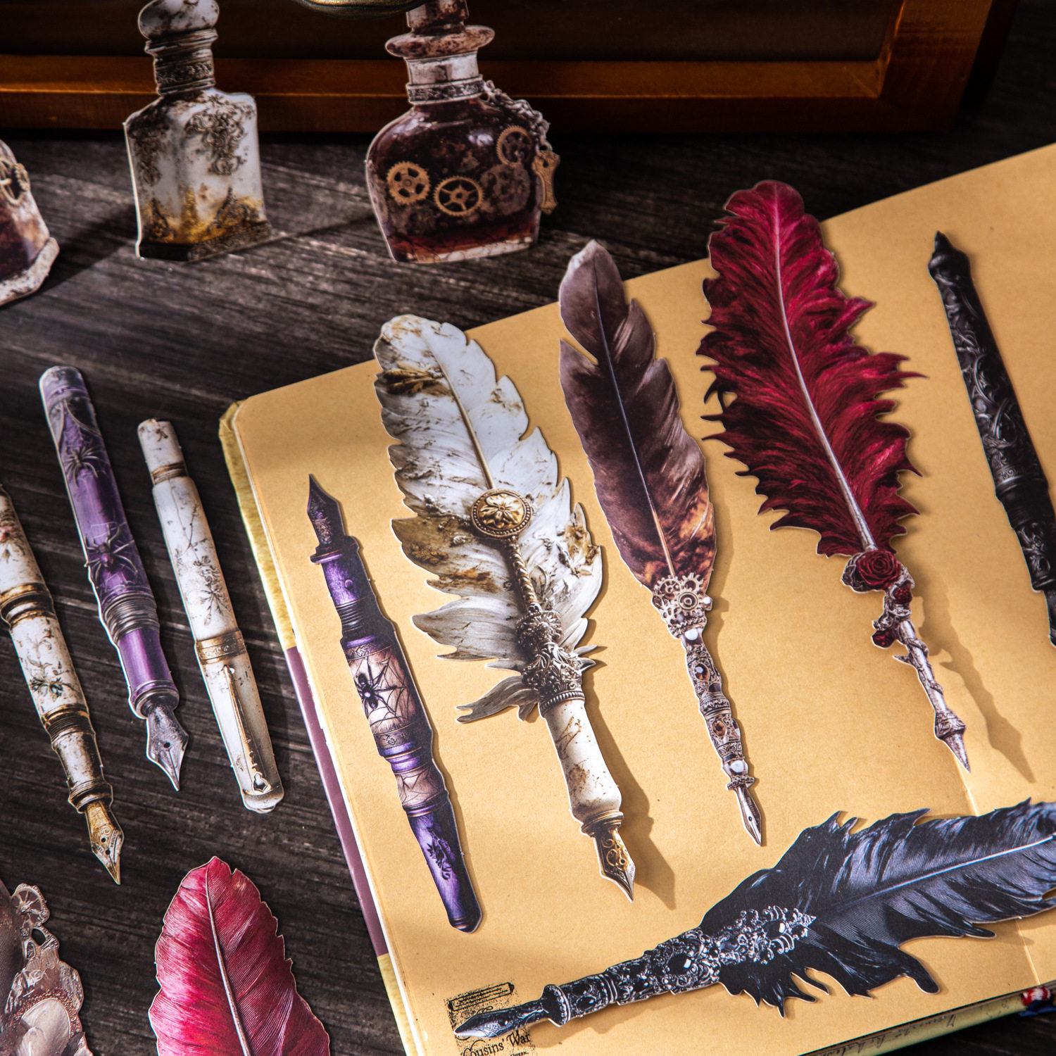 笔墨珍藏家系列硬卡贴纸包10张入 复古羽毛物品手账装饰素材贴画,淘宝优惠券,粉丝福利购,淘宝优惠卷