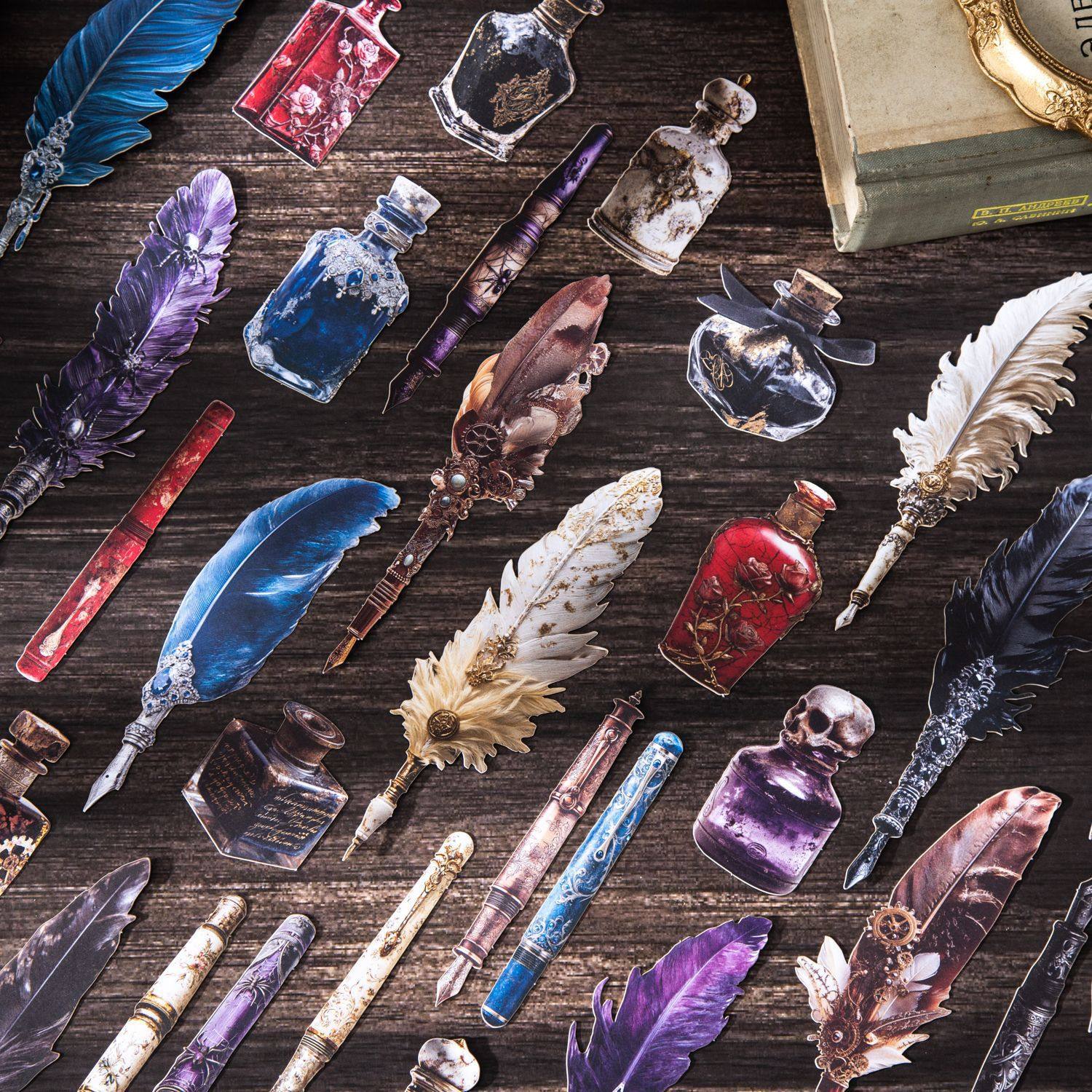 笔墨珍藏家系列硬卡贴纸包10张入 复古羽毛物品手账装饰素材贴画,淘宝优惠券,粉丝福利购,淘宝优惠卷