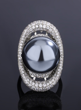 新款珠宝人工培育宝石镀18K金镶嵌珍珠复古气质镶钻戒指女16mm