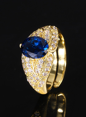 秋冬新款高档珠宝豪华镶嵌镀18K金刚玉气质蛋形黄金戒指女7*9饰品