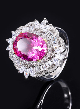 高档珠宝S925银镀18K金镶嵌玫红宝石复古风吊坠戒指套装主石10*14