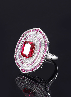 珠宝复古高档戒指红刚玉石双色石镶钻吊坠戒指耳钉套装8*10饰品