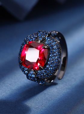 新款高档珠宝豪华镶嵌镀18K金刚玉肥方黑金复古戒指女10*10饰品