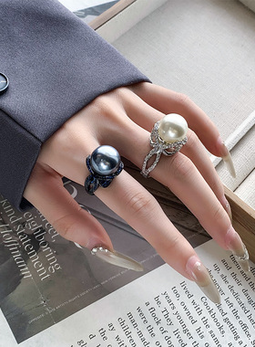 秋冬新款高档珠宝豪华镶嵌镀18K金黑金个性蝴蝶结镶钻戒指14mm