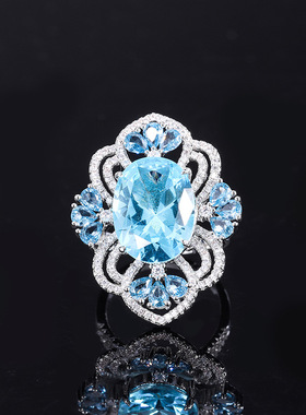 珠宝欧美时尚S925银镀18K金托帕蓝吊坠戒指宫廷风套装主石12*16