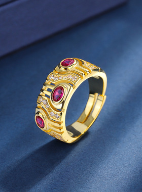 新款高档珠宝豪华镀18K金韩版时尚彩宝款圆形黄金活口戒指首饰