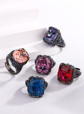 2024新款珠宝S925银镀18K金彩宝刚玉黑金个性戒指女14*16女款首饰