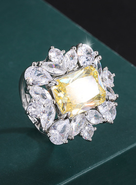 新款高档珠宝豪华镶嵌镀18K金风复古彩宝款长方10*14戒指女式首饰