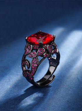 新款高档珠宝豪华镶嵌镀18K金刚玉肥方黑金个性戒指女12*12饰品