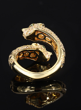 2024新款珠宝欧美复古豹子戒指时尚个性夸张镶钻S925银镀18K金