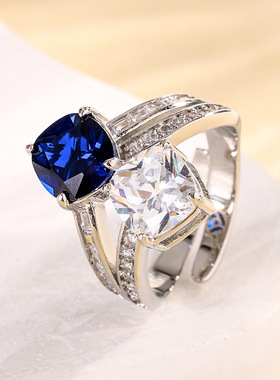 新款高档生生珠宝镀18K金彩宝刚玉肥方双色石气质戒指女8*8饰品