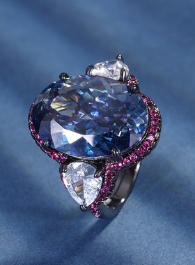 新款高档宝石珠宝镀18K金彩宝鸟巢切工黑金复古戒指女13*18饰品