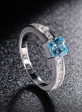 S925银镀18K金镶嵌海蓝宝祖母绿色小方块2克拉简约戒指主石6*6