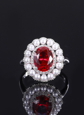 新款珠宝S925银镀18K金镶嵌彩宝红宝海蓝宝珍珠戒指主石8*10