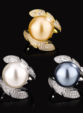 新款高档珠宝豪华镶嵌铜镀白金新款镶嵌珍珠交叉款戒指女14mm饰品