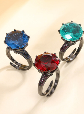 新款高档珠宝豪华镀金镀18K金刚玉圆形复古黑金戒指女16mm饰品