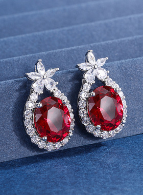 新款高档珠宝豪华镶嵌红耳钉项链套装耳钉主石10*12吊坠12*16饰品
