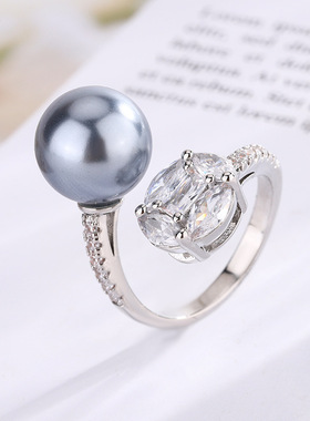 新款高档珠宝豪华镶嵌铜镀白金珍珠简约风时尚戒指女12mm饰品首饰