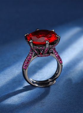 新款高档珠宝豪华镶嵌镀18K金刚玉圆形黑金个性戒指女16mm饰品