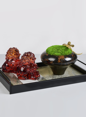 新中式几何陶瓷茶壶插花花瓶创意摆件样板间售楼处别墅大理石托盘