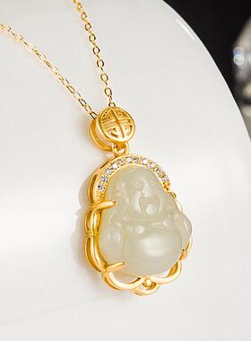 和田项链吊坠佛玉女纯银弥勒公笑玉佛妈妈礼物银送坠镶玉石镀金链