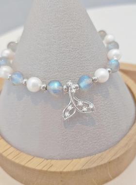 纯银女项链设计鱼尾锁骨小众礼物轻奢链珍珠美人鱼手链年星空感石